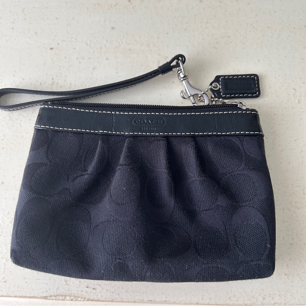 Coach Black Signature Wristlet Clutch with Leather Trim
